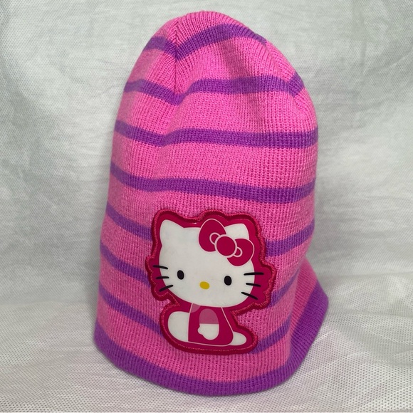 Sanrio Hello Kitty Beanie Hat Cap Womens OSFM Pink & Purple Striped 90s Y2K - Picture 2 of 14